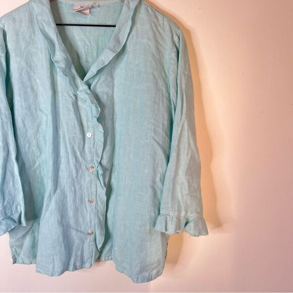 Hot Cotton Linen Baby Blue Aqua Button-Up Long sleeve Shirt Ruffle Hem XL - Picture 2 of 8